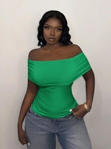 Slaydiva New Green Foldover Off Shoulder Fitted Blouse Top, Summer - Green - View 4