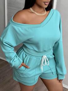 Slaydiva Conjunto informal de 2 piezas con pantalón corto con bolsillos azules y blusa escote en V talla grande - Azul - Ver 3