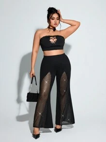 SHEIN ICON Pantalón acampanado de talla grande para mujer con cintura alta, parches y lentejuelas para fiesta