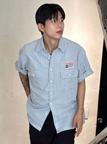 DAZY Men's Blue & White Striped Label Short Sleeve Shirt, Summer