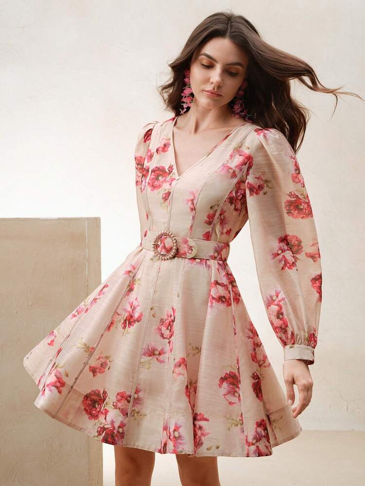 Spring/Summer New French Style Lantern Sleeve V-Neck Floral Print A-Line Mini Dress With Belt