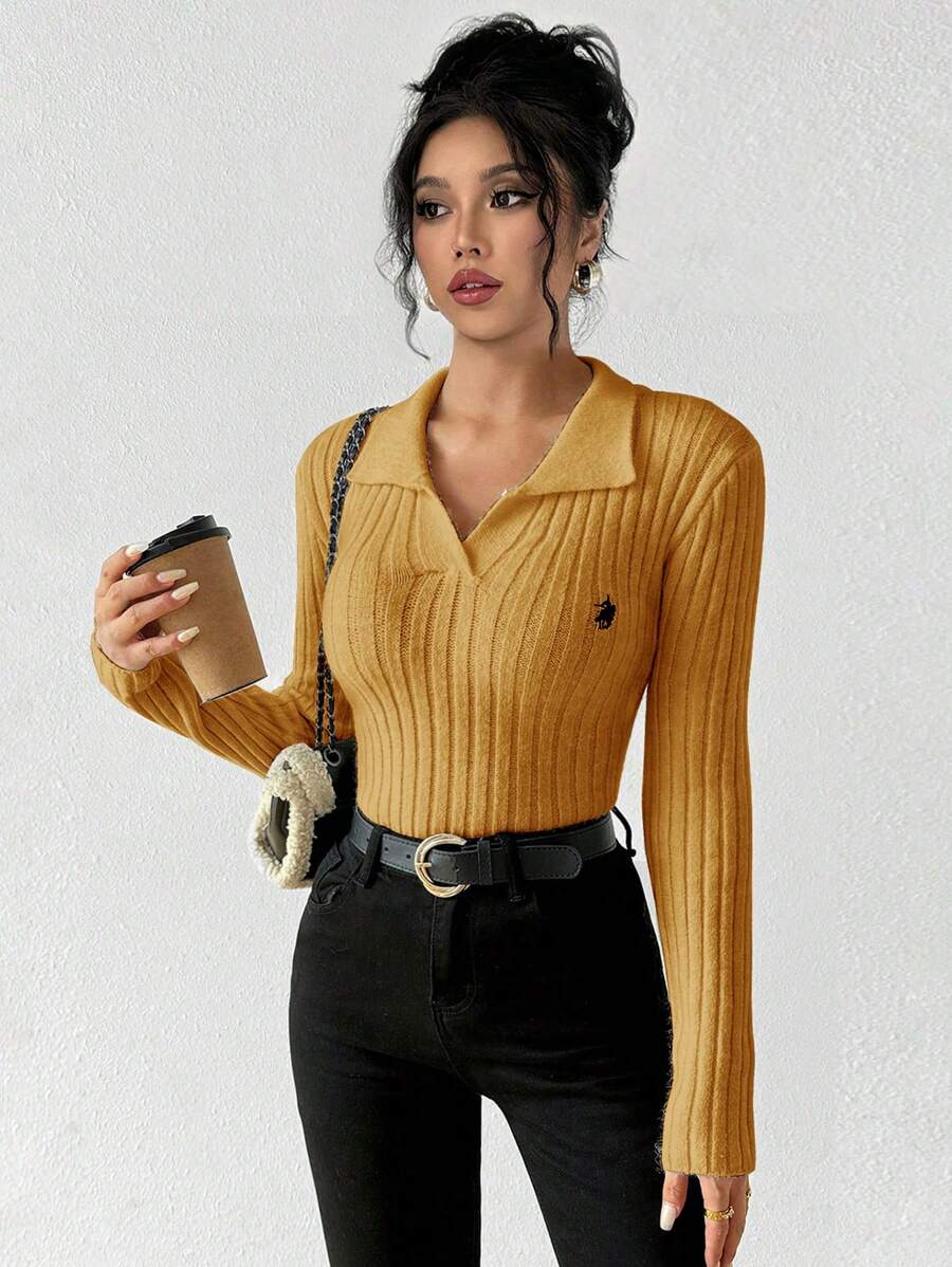 SHEIN Unity Elegant Fitted Knitted Sweater, Minimalist Fashion Casual Pullover For Everyday Wear Fall Winter - Orange - View 1