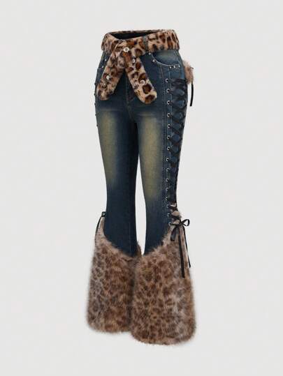 Goth Vintage Faded Patchwork Leopard Print Low Waist Jeans