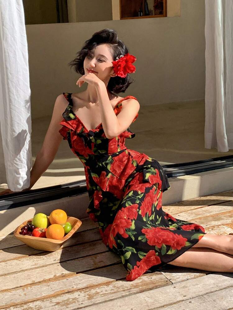 Mid/Long Length Floral V-Neck Ruffle Hem Dress For Women Sundress Boho
