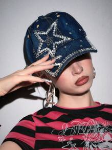 ROMWE Grunge Punk 1 件水钻棒球帽，Y2K 风格星星图案帽，休闲设计的 Snapback 帽子，时尚日常个性化风格单品