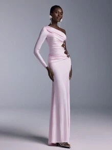 Elitara 优雅、浪漫、红色、褶饰、金属扣装饰、镂空、不对称肩长袖、收腰、开衩、鱼尾、针织伴娘礼服 - 紅色 - 查看 6