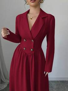 Elenzga Women's Elegant Burgundy Red Maxi Dress: Double-Breasted, Long Sleeve, A-Line Fall Cloth For Women - Burgundy - View 3