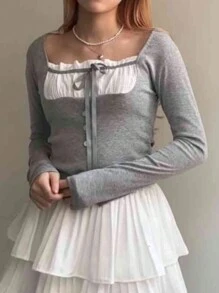 DAZY Women Contrast Color Patchwork 2 In 1 Wrap Short Long Sleeve T-Shirt, Grey, Spring/Summer/Autumn - Grey - View 3