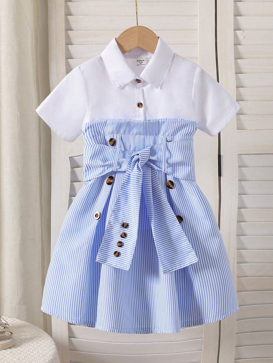 年轻女孩通勤风格优雅领短袖收腰 A 字裙，休闲夏季 - 淺藍色 - 查看 1