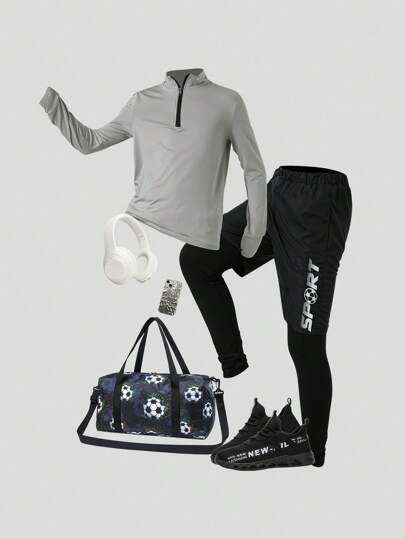 SHEIN Tween Boys Bright Color Collar Half-Zip Long Sleeve And Pants Comfortable Sportswear Set