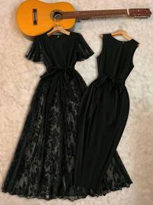 Flirla 2pcs/Set Plus Size Women Elegant Lace Splice Ruffle Sleeve Jacket And Sleeveless Bodycon Dress Suit - Black - View 1