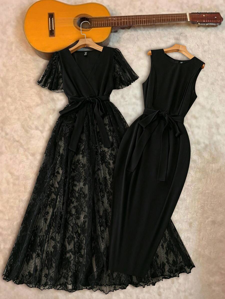 Flirla 2pcs/Set Plus Size Women Elegant Lace Splice Ruffle Sleeve Jacket And Sleeveless Bodycon Dress Suit - Black - View 1