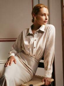 Anewsta Elaire 法式乡村风亚麻叶印花透明女式衬衫