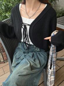 FRIFUL Women's Black Cropped Cardigan With Tie, Spring,Fall Clothes