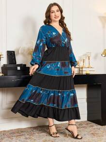 Modelyn 大码 V 领扎染拼接优雅 A 字长裙 - 彩色 - 查看 6