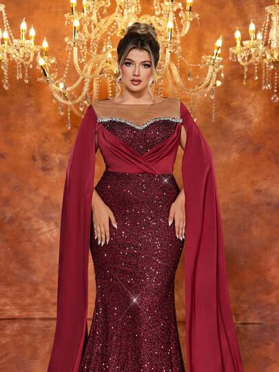 Glamrae 加大码优雅酒红色网眼透视圆领水钻链亮片缎面褶饰胸部超长袖鱼尾长款晚礼服、婚礼宾客礼服、派对礼服、正式礼服