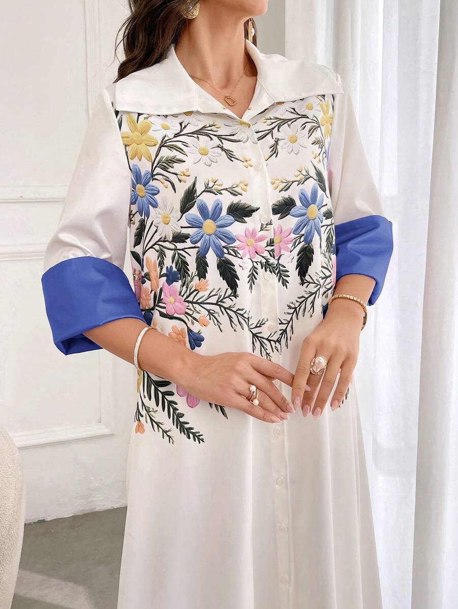 Al Najma 女式花卉印花单排扣七分袖宽松阿拉伯风格连衣裙，端庄 - 藍色 - 查看 1