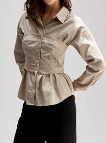 SHEIN Essnce Women's Solid Color Tight Double Layer Long Sleeve Shirt, Bustier Top - Apricot - View 1