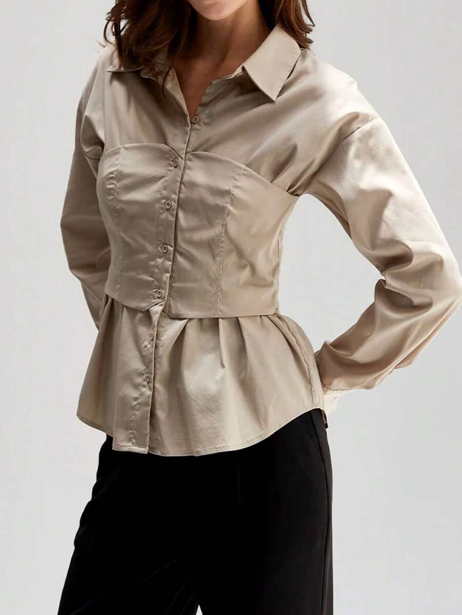 SHEIN Essnce Women's Solid Color Tight Double Layer Long Sleeve Shirt, Bustier Top - Apricot - View 1
