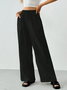 SHEIN Tall Cotton Loose Texture Wrinkle Fabric Drawstring Waist Long Pants - Black - View 6