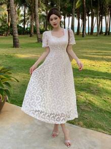 DAZY 蕾丝荷叶袖中长连衣裙，女士度假装扮 - 白色 - 查看 7