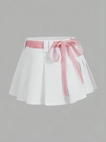 SHEIN MOD Falda corta casual de mezclilla con nudo en la cintura y pliegues