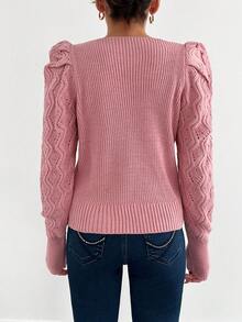 EURMUSE V-Neck Solid Color Puff Sleeve Knit Sweater - Pink - View 2