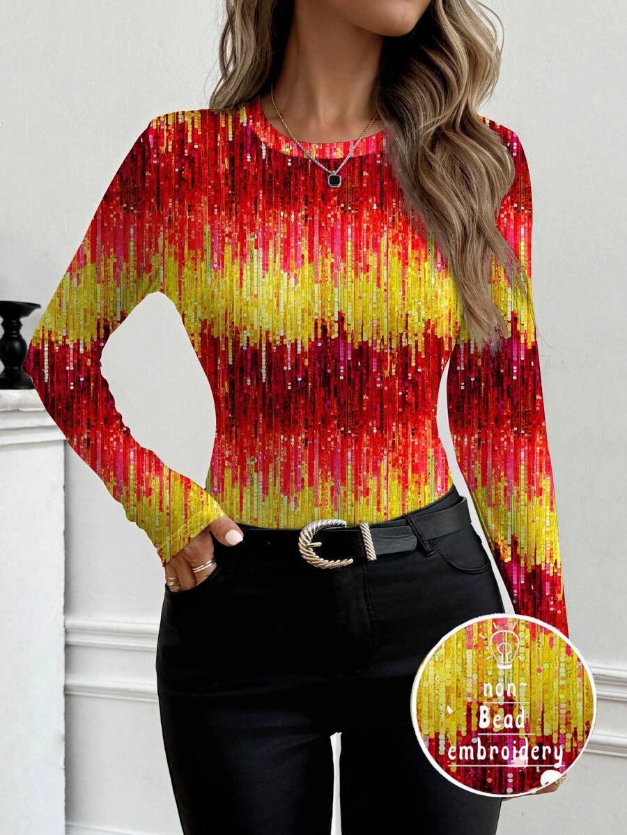 ORANGE STUDIO Artist Ombre Sequin Print Fitted Women T-Shirt, Party Top For Holiday Season, New Year, Going Out, Festival - Multicolor - View 1