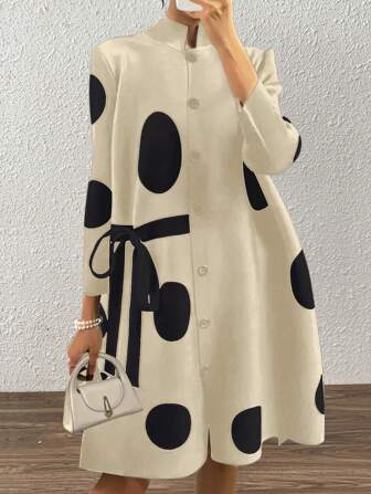 EMERY ROSE Polka Dot Stand Krage Tie Strap Button Design Women Dress