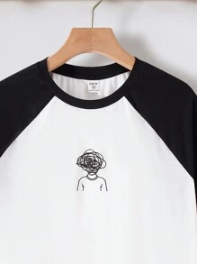 SHEIN Teen Boys' Casual Short Sleeve T-Shirt, Sporty Street Punk Rock College Daily Outing Party Festival, Suitable For Spring/Summer, Black & White Colorblock Abstract Line Figure Print T-Shirt