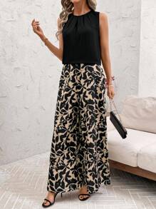 SHEIN Clasi Ensemble deux pièces élégant pour femmes avec un gilet plissé col noir et un pantalon à imprimé floral élastique. Convient pour porter dans diverses occasions - Multicolore - Voir 7