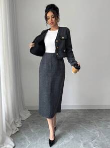Chiquease 2 pièces/set Veste à simple boutonnage avec franges et patchwork, et jupe pour femmes. Tenue pour l'automne/hiver - Noir - Voir 1