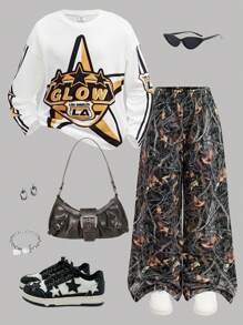 SHEIN 2pcs Tween Girls' Loose Fit Graphic Print Crew Neck T-Shirt And Pants Set