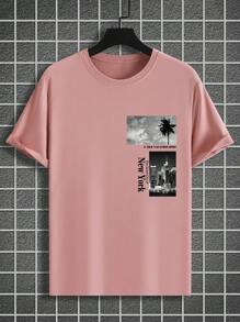 Manfinity Homme Plus Size Men's Letter Print Round Neck Short Sleeve Casual T-Shirt - Pink - View 6