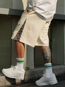DAZY Herren beige farbblockige Patchwork Shorts, Sommer Leoparden Muster Urlaub - Beige - Übersicht 8