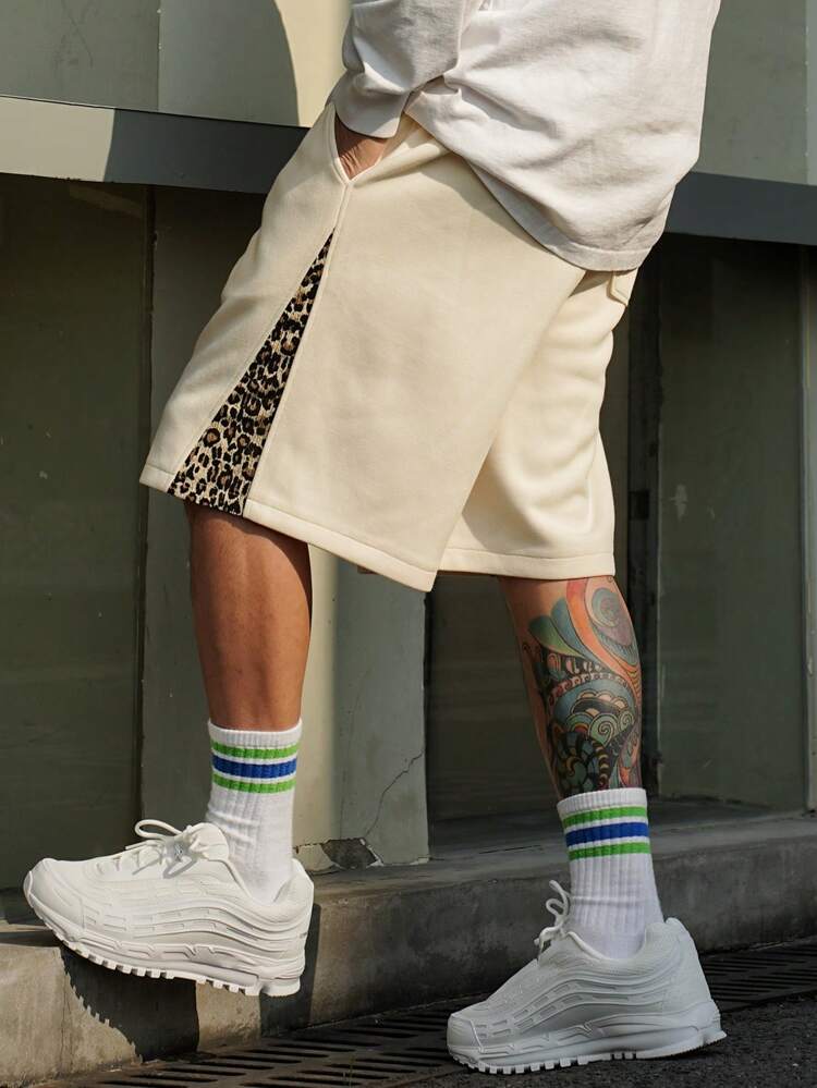 Men's Beige Color Block Patchwork Shorts, Summer Leopard Print