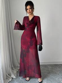 Elenzga Sheer Mesh Rose Floral Print Draped Neck Long Sleeve Maxi Elegant Dress