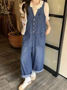 FRIFUL Quần yếm denim & quần liền thân cho nữ, ống đứng, màu xanh đã giặt, mùa xuân - Rửa trung bình - Xem 4