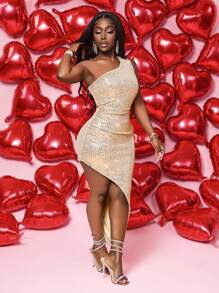 BamGleam 无袖闪亮褶饰不对称下摆连衣裙 - 香檳色 - 查看 4