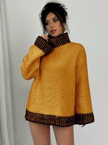 Chiquease Elegant Color Block Long Sleeve Knitted Pullover Sweater For Women, Autumn & Winter Fall - Orange - View 3