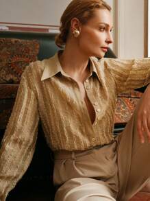 Anewsta Elaire Casual Loose Textured Striped Women Shirt, Old Money, Modest, Summer Gold Shirt Women Earthy Clothes Women Maija Women Clothes Women Blouses - Brown - View 2