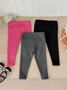 SHEIN LMoss Kids Conjunto de 3 piezas para bebé niña: Mallas ajustadas a juego, casuales y versátiles en negro, gris y rosa rojo. Oferta de compra 1 y lleva 3, elegante para otoño/invierno - Negro - Ver 2