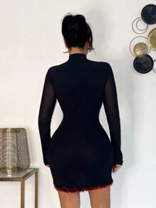 SHEIN SXY Women Mini Long Sleeve Hollow Design Casual Dress, Fashionable & Suitable For Daily Wear,Valentine's Day,Robe Sexy,Sexy Dress For Women,Date Night Outfit,Date Night Outfits Women,Black Dresses For Women