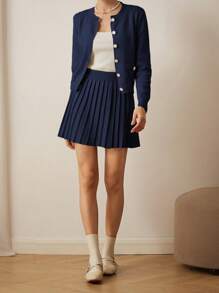 Aveloria Rosie 奢华时尚高端口袋开衫和高腰褶皱迷你裙两件套 - 藏蓝色 - 查看 6