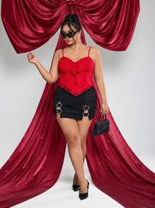 SHEIN ICON Plus Size Red Ruched Bust Front Tie Bow Camisole, Ideal For Valentine's Day Outfit