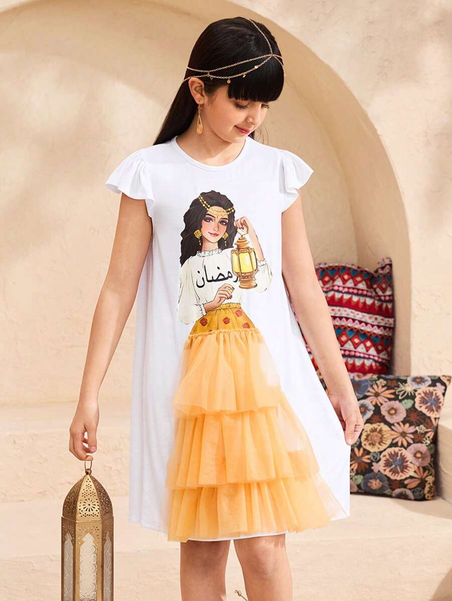 SHEIN Tween Girl Ramadan Casual Cute Girl Print Layered Mesh Cap Sleeve Loose Dress, Versatile For Everyday Wear - Pink - View 1