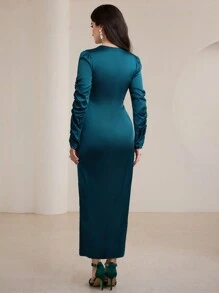Graceveil Women's Elegant Modest Long Drawstring Waist Ruched Bodycon Dress - Dark Green - View 2