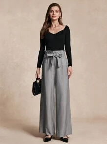 SHEIN Unity Women's Ruffled Waist Wide Leg Striped Tie Waist Pants Fall Cloth For Women - Grey - View 3