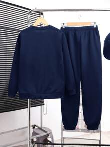 SHEIN Set da 2 pezzi di felpa girocollo e pantaloni della tuta casual e comodi, adatti per scuola, sport, uscite in autunno/inverno, con imbottitura termica, spessi, adatti per ragazzi adolescenti - Blu Navy - Visualizzare 2