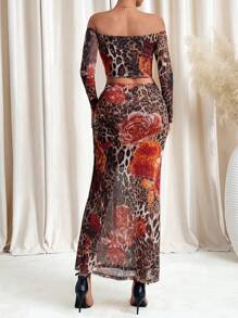 SHEIN Clasi Elegant Women's Leopard Print Flower Print Pleated See Through Mesh Knitted Top And Hip Hugging Straight Leg Skirt, Suitable For Wearing In Various Occasions